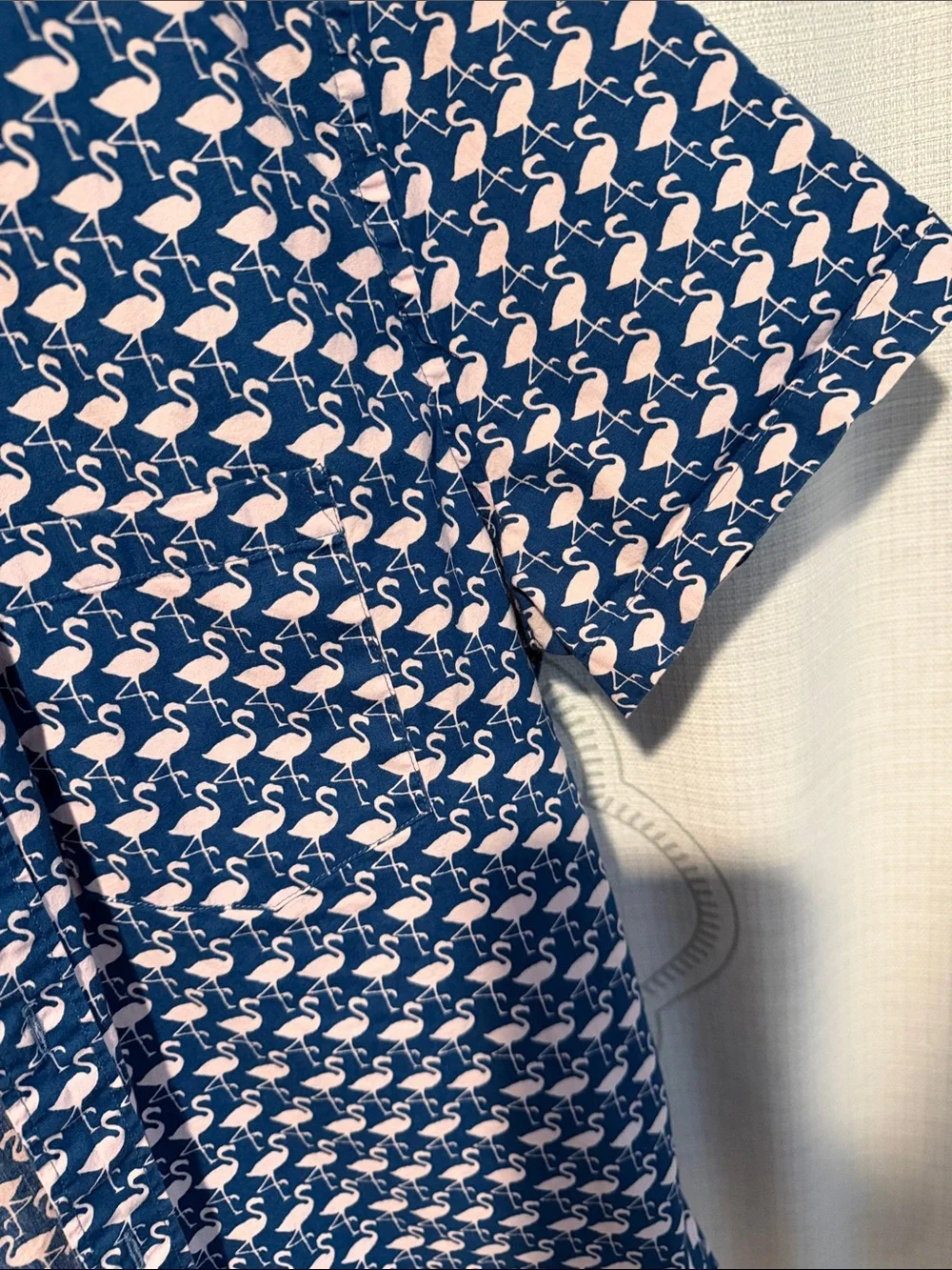 J. Crew Navy Short-Sleeve Button-Down with Pink Flamingo Print